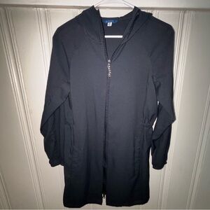 Nepallo women’s XS black hooded, full zip longer length windbreaker jacket